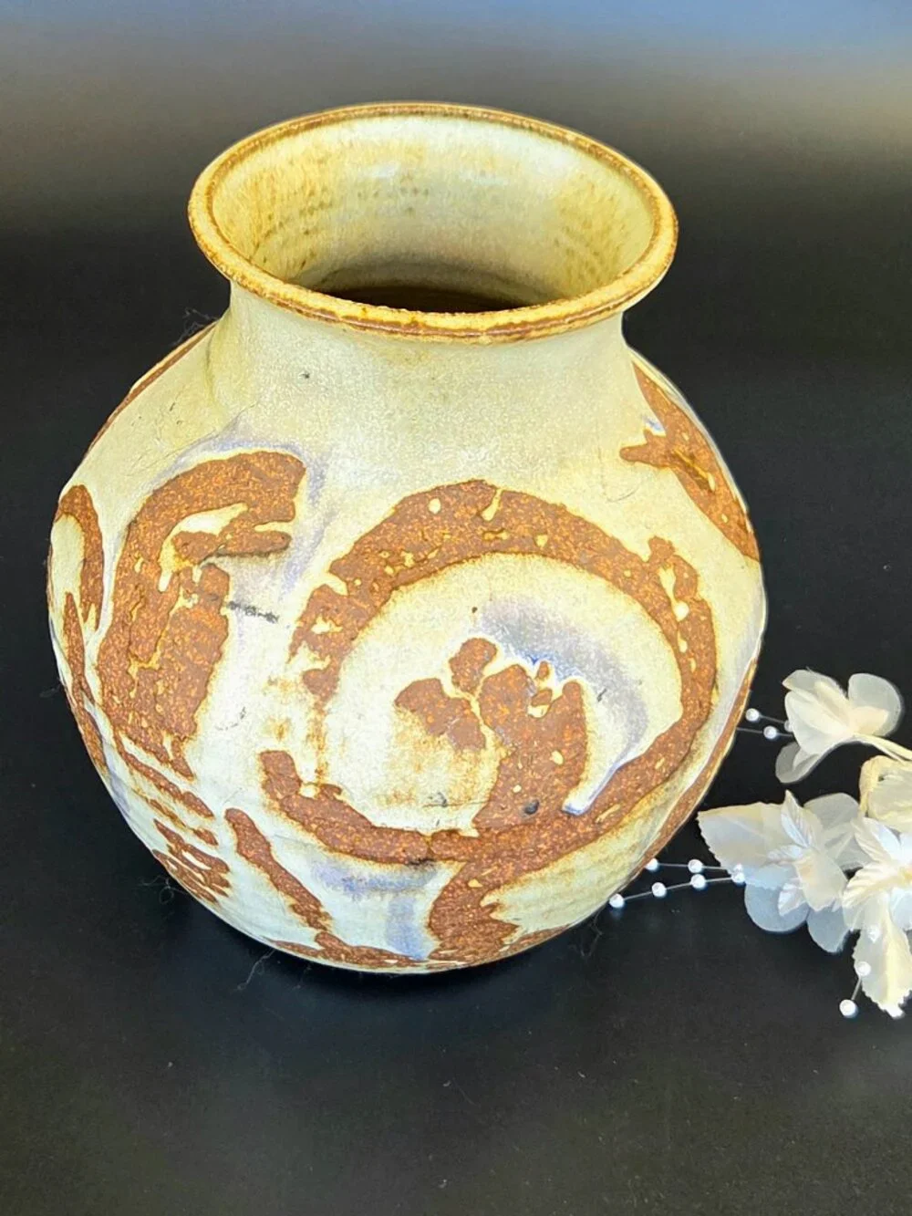 Antique 1918 Handmade Stoneware Pottery Vase – Cream & Brown – Signed